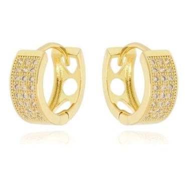 Imagem de Brinco Argola Dourado Pedra Zirconia Largo Pequeno 6 Mm