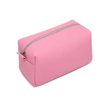 Imagem de YONBEN Bolsa organizadora leve para cosméticos com fecho de anel, bolsa de maquiagem de viagem perfeita para mulheres, design em pé de nylon, Rosa azaléia/PU, Simples