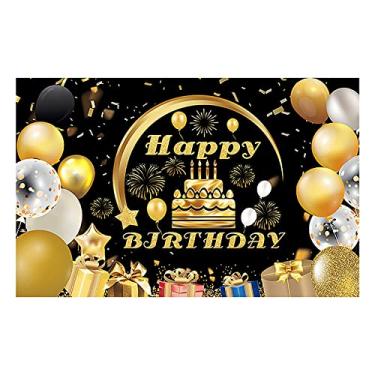 Imagem de Banner de aniversário, decoração de festa de feliz aniversário, 180 x 115 cm, banner dourado preto, fundo fotográfico, decorações de aniversário