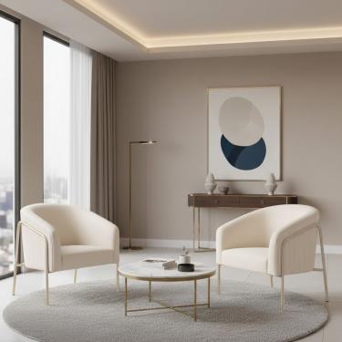 Imagem de Poltrona Sala Decorativa Kit 2 Stella Base Alta Tubo Champanhe Veludo Cotelê D03 - D'rossi Cor Bege