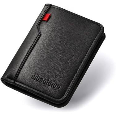 Imagem de Carteira masculina vertical ultrafina de couro dobrável, cabe de 6 a 8 cartões, com janela para identidade e compartimento simplificado para notas