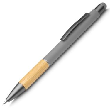 Imagem de Caneta esferográfica em alumínio reciclável com escrita em azul. Detalhe em bambu. Refil parker e ponta touch emborrachada design moderna (Cinza;)