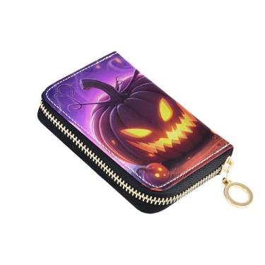 Imagem de Carteira feminina com bloqueio de RFID, carteira de couro com zíper e porta-moedas com chaveiro, abóboras de Halloween, roxo