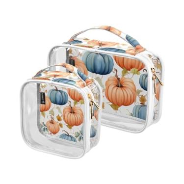 Imagem de Folhas de outono remendos de abóbora sacos de viagem de plástico transparente com zíper, bolsa de cosméticos para carro, bolsa para meninas, pacote com 2, Abóbora em aquarela em cores de outono, one
