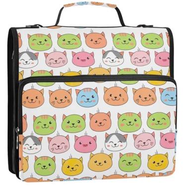 Imagem de 3 fichários para fichários de 3,5 cm Anel D fofo de gato de desenho animado com zíper fichário organizador com alça bolsa escolar fofa para portfólio comporta 500 folhas, 34,5 x 31,5 x 9 cm