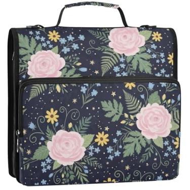 Imagem de Fichários com 3 anéis de 3 anéis resistentes flores rosa pastel azul com zíper fichário organizador fichário com alça bolsa escolar fofa vários bolsos pasta grande para portfólio, 34,5 x 31,5 x 9 cm