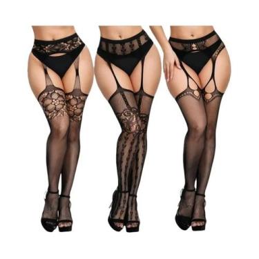 Imagem de Meia-calça Feminina Sexy De Rede Até a Coxa, 3 Peças, Com Padrão Vazad