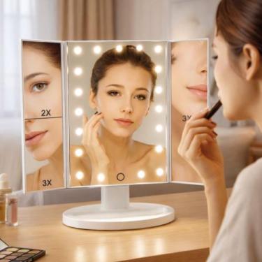 Imagem de Espelho De Maquiagem LED Mesa Dobrável Triplo Zoom 2x 3x USB - TOP RIO
