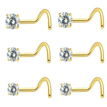 Imagem de hooppoo Brincos de nariz hipoalergênicos de titânio G23 com moissanita | Joia de piercing em forma de L e barra reta minúscula | Conjunto de 6 peças em 2 mm, 2,5 mm, 3 mm | Presente unissex, 20G