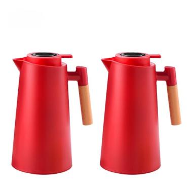 Imagem de Garrafa Térmica de água, 1 Litro Garrafa Térmica Com Termômetro Led Para Chás/Café Design Moderno Cabo Em Madeira(KIT2-Vermelho)