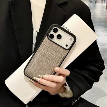 Imagem de HTVJFXCapa protetora tipo carteira em couro PU com estampa de lichia e suporte duplo para cartões para iPhone 12 Pro (Cinza)