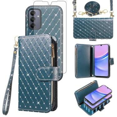 Imagem de Asuwish Compatível com Samsung Galaxy A15 5G/4G capa carteira com zíper celular protetor de tela de vidro temperado alça transversal alça flip glitter porta-cartão capa de telefone para A 15 G5 15A