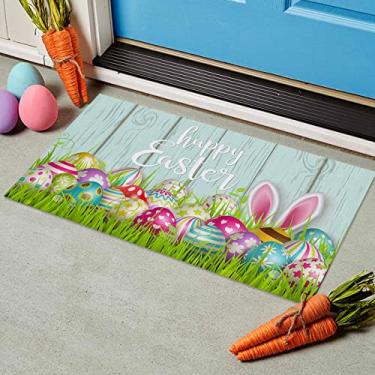 Imagem de Tapete de porta de entrada Happy Easter Eggs, Spring Bunny Ears Low Profile Tradition Decor Well, antiderrapante, tapete decorativo para casa/banheiro/cozinha/interior - 45,7 cm x 76,2 cm