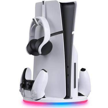 Imagem de Tideal Suporte com carregador de controle duplo para PS5 Slim - Suporte para PlayStation 5 com estação de carregamento de controle duplo e suporte de fone de ouvido - Iluminação RGB - Carregamento