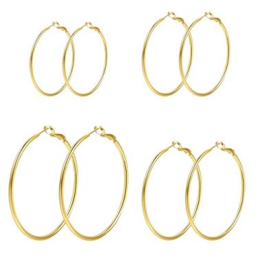 Imagem de DENNSHH Conjunto de 4 pares de brincos de argola banhados a ouro de aço inoxidável hipoalergênicos e delicados para mulheres 30/40/50/60 mm