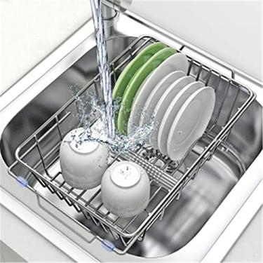 Imagem de Suporte de pia telescópico de aço inoxidável rack de pia telescópica rack de drenagem de pratos prateleira de cozinha uso diário (cor: prata tamanho: tamanho único)