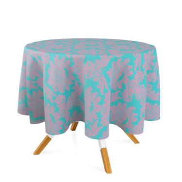Imagem de Toalha de Mesa Redonda em Tecido Jacquard Azul Turquesa e Rosa Medalhã