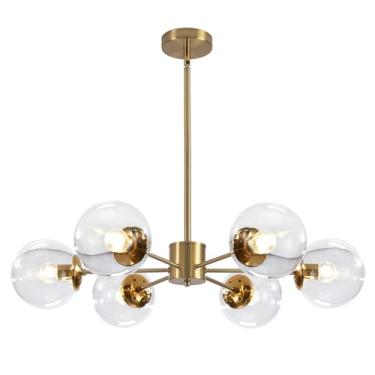 Imagem de Lustre Sputnik moderno com 6 lâmpadas e globo de vidro transparente, estilo meados do século XX, luminária pendente ajustável em latão dourado, com instalação embutida, ideal para sala de ja