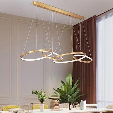 Imagem de Luminária pendente LED moderna para mesa de jantar, com intensidade regulável e controle remoto, além de design com anéis circulares para sala de estar (4 anéis).