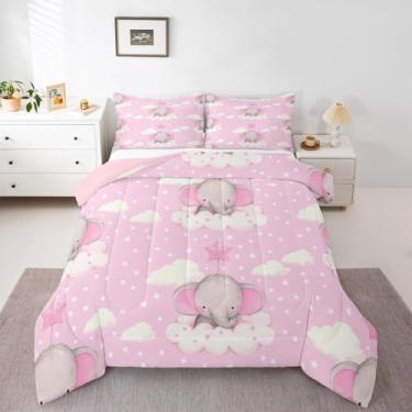 Imagem de Erosebridal Conjunto de edredom fofo de elefante, tamanho casal, zoológico, animais, para crianças, adolescentes e adultos, quarto branco, nuvem, estrela, edredom rosa, todas as estações