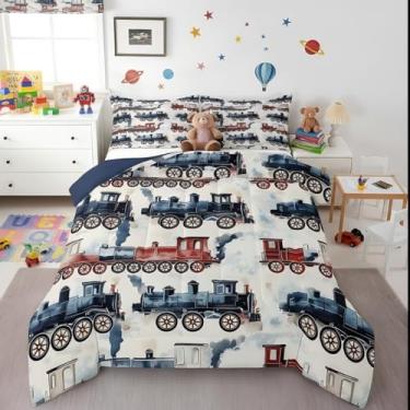 Imagem de Conjunto de edredom infantil vintage com estampa de locomotiva, retrô, carro, veículos ferroviários, colorido, trem a vapor, para decoração de casa