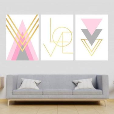 Imagem de Kit 3 Quadros Love Triângulos Rosa/Dourado 45X34Cm Branca