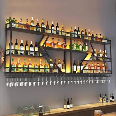 Imagem de Rack de vinho de metal de 3 camadas montado na parede com LED, visor flutuante para garrafa de licor e suporte de taça de vinho, solução ideal para armazenamento de prateleira de bar doméstico (preto
