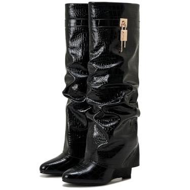 Imagem de CDHYX Bota feminina dobrável com salto plataforma e design de cadeado com zíper lateral, Crocodilo preto, 41