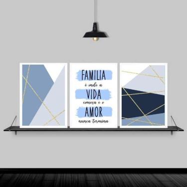 Imagem de Kit 3 Quadros Família Vida Amor Azul 45X34Cm Moldura Branca