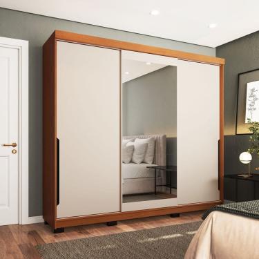 Imagem de Guarda-roupa 3 Portas Correr com Espelho Madrid Creme/Freijó