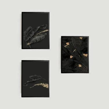 Imagem de Kit 3 Quadros Folhas Pretas 45X34Cm Com Vidro Moldura Preta