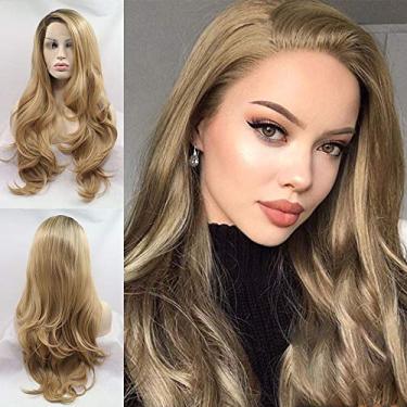 Imagem de Peruca frontal de renda loira ombré longa ondulada loira loira peruca frontal sintética para mulheres peruca de renda ondulada natural peruca sem cola, fibra resistente ao calor, cosplay, 61 cm, loiro