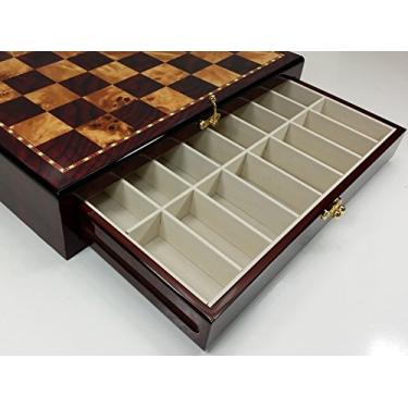 Imagem de Baú de tabuleiro de xadrez de alto brilho de 43 cm com 2 gavetas cor de madeira cerejeira e burl