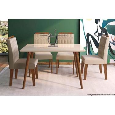 Imagem de Sala de Jantar Completa Adele Vidro 130Cm + 4 Cadeiras Paola Madeira Off White Suede Nude