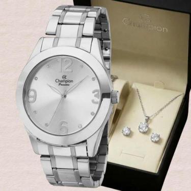 Imagem de Relógio Champion Feminino Prata CH24268B Kit Colar e Brinco