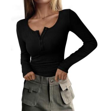 Imagem de Camiseta PRETTYGARDEN 2025 Feminina Manga Longa Henley Preta XXL