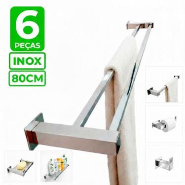 Imagem de Toalheiro Duplo Inox 80cm Kit Acessórios Banheiro 6 Peças - Decora