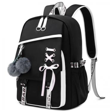 Imagem de Mochila FENGDONG preta para adolescentes, estilo kawaii com laço e pompom, para notebook até 15,6"