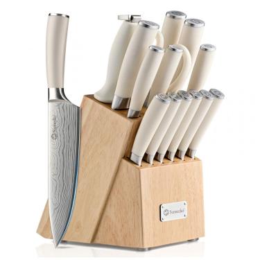 Imagem de Conjunto de Facas de Cozinha Sunnecko 15 Peças Branco com Afiador e Bloco em Madeira