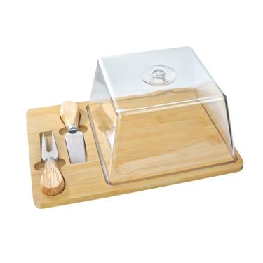 Imagem de Conjunto Para Queijo De Bambu Com Tampa De Acrílico 01 Faca E 01 Garfo