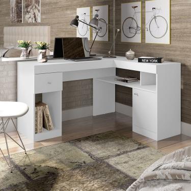 Imagem de Escrivaninha Mesa Computador de Canto em l Suzan Moderno 1 Gaveta MDF 137cm Branco