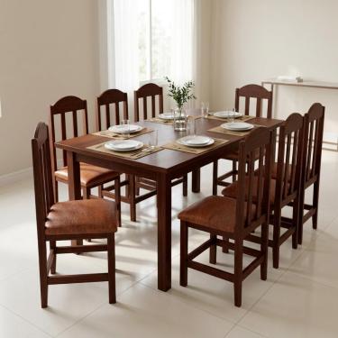 Imagem de Conjunto 8 Cadeiras Em Madeira Maciça Castanho Com Estofado Marrom
