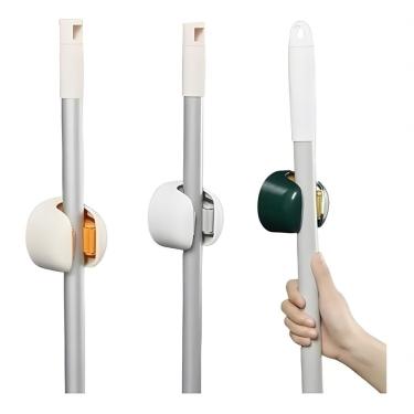 Imagem de Suporte Organizador de Vassouras e Rodos Modelo sem Furos para Parede em Plástico ABS Adesivo Área de Serviço Branco