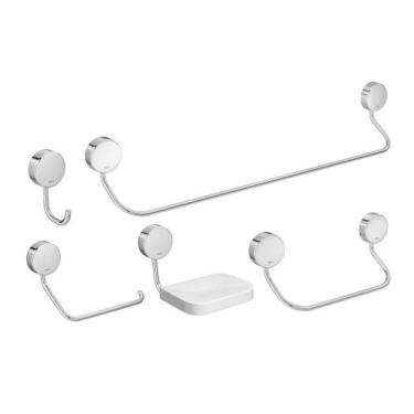 Imagem de Kit de Acessórios para Banheiro NET com Saboneteira, Papeleira, Porta Toalha Argola e Barra, Cabide, Acabamento Cromado