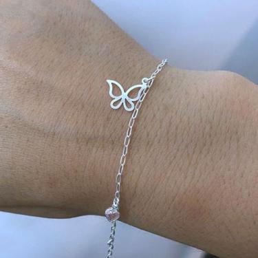 Imagem de Pulseira Feminina Zircônia Rosa Borboleta Prata 925 Legítima - Hakuna 