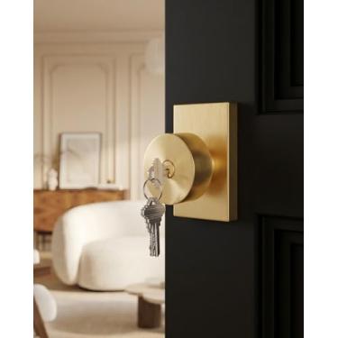 Imagem de Crequal Maçanetas douradas com fechadura e chave, maçaneta de porta interior/exterior com chave para quarto ou banheiro, fechadura de porta de entrada dourada escovada - 1 pacote