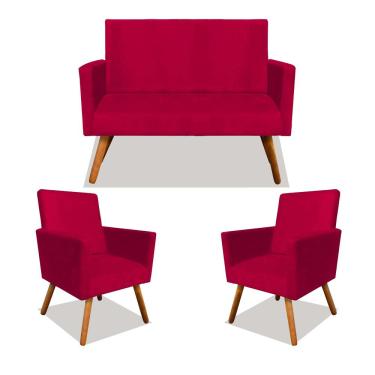 Imagem de Kit 01 Namoradeira e 02 Poltronas Decorativa Nina com Pés Madeira Suede Vermelho