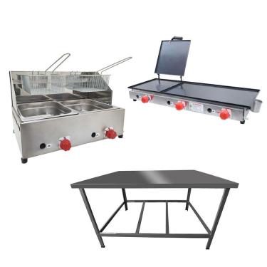 Imagem de Kit Lanchonete Mesa de Manipulação 100x55cm + Fritadeira a Gás 2 Cuba + Chapa a Gás 90cm Alcamar