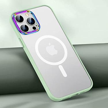 Imagem de Para iphone 13 pro max estojo magnético de acrílico fosco de luxo para iphone 12 pro max colorido lente mental capa de silicone, verde claro magnético, para iphone 13 pro