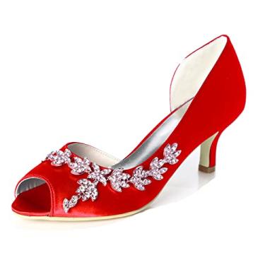 Imagem de Sapatos de noiva de noiva peep toe femininos cetim marfim sapatos de salto alto stiletto com strass 35-43,Red,5 UK/38 EU